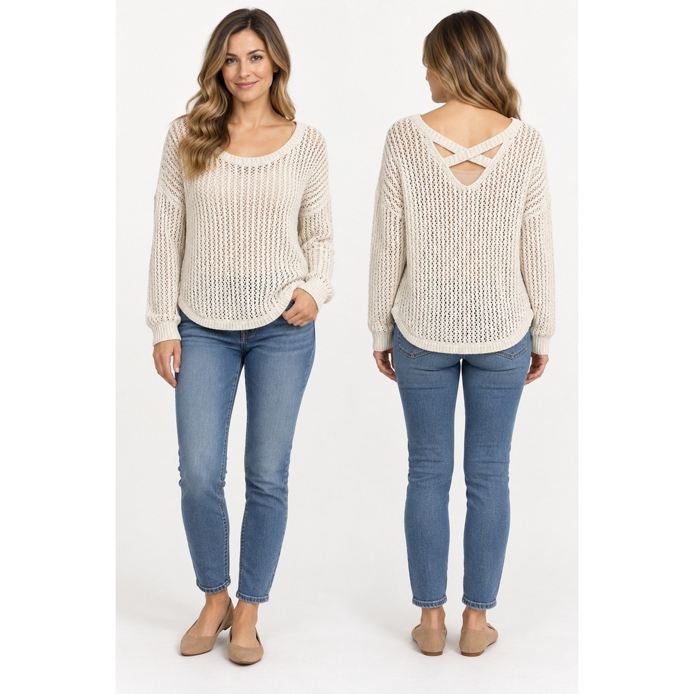 Abercrombie & Fitch Sweater Open Knit Strappy Back Cream Women M Boho Coastal